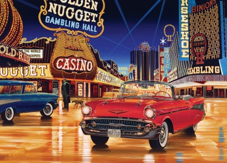 Gambling Man - las vegas, the strip, convertible, painting, car, red, chevy, fremont street