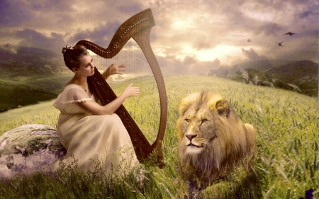 Soothe The Wild Lion - woman, sky, feminine, lion, harp, music, beaity, fantasy