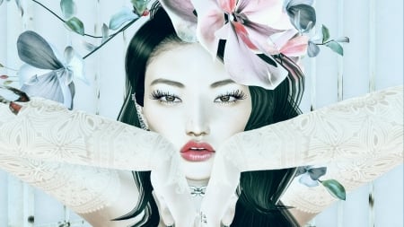 Beauty - rendering, girl, frumusete, asian, fantasy, face, pink, luminos, clix renfew, flower