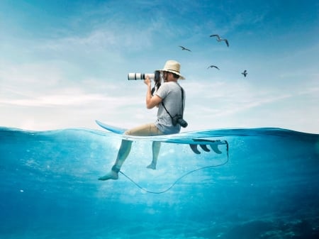 :-) - surf, vara, hat, water, summer, creative, fantasy, bird, photographer, situation, man, blue, sea