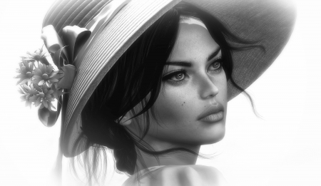 Beauty - white, face, rendering, girl, hat, bw, black, fantasy