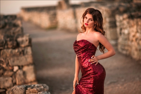 Elegant in Red - sexy, brunette, dress, model