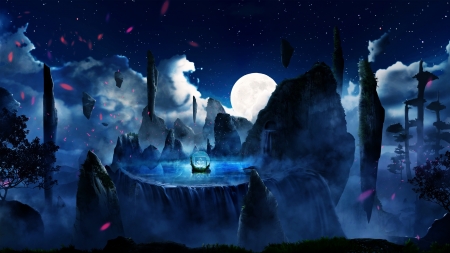 Moonlight - moon, water, blue, boat, sea, desktopography, fantasy, luminos, luna