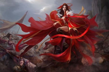 Fantasy girl - red, fantasy, battle, luminos, girl, frumusete, asian, dress