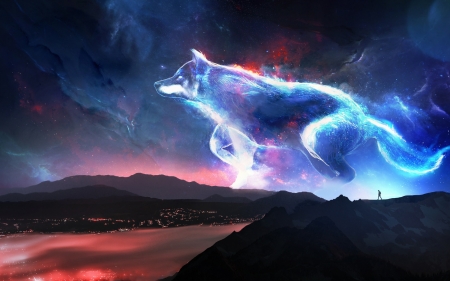 Fantasy wolf - wolf, celestial, luminos, pink, red, blue, lup, fantasy