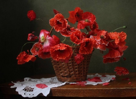 Still Life - table, basket, flower, red