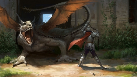 Knight and dragon - armor, fantasy, dragon, wings, man, art, knight