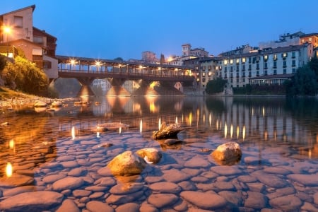 City at night - river, light, city, night, bridge