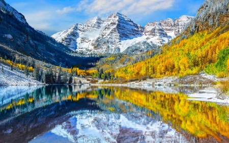 Maroon Bells - trees, autumn, Lake, reflection, Sky