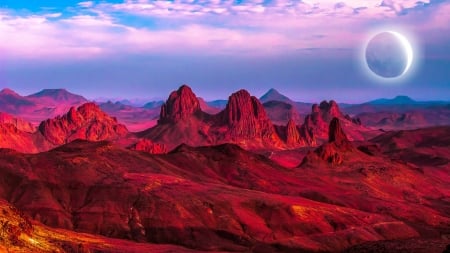 Asssekrem Hoggar Mountains - moon, Firefox theme, scenery, cloujds, peaks, dawn, twilight, Algeria, mountains, sky