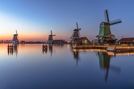 Windmills - river, sunset, water, reflection