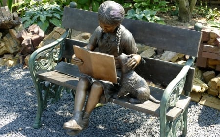 Reading Girl and Dog - garden, girl, dog, Netherlands, sculpture