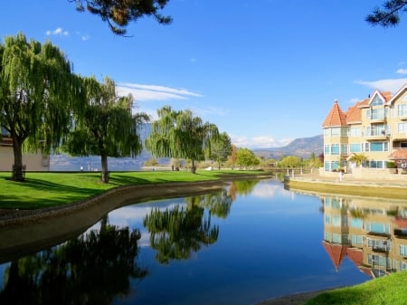 Calm day - water, park, buildings, calm, still, urban, pretty, town, blue