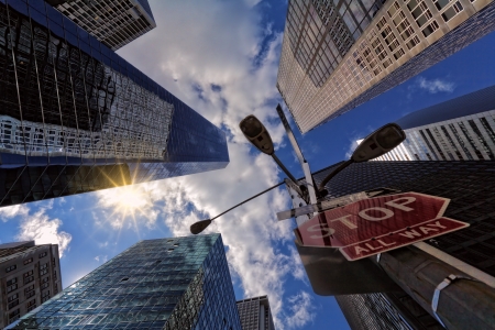 Skycsrapers - clouds, skyscrapers, city, signs, architecture, sun, sky