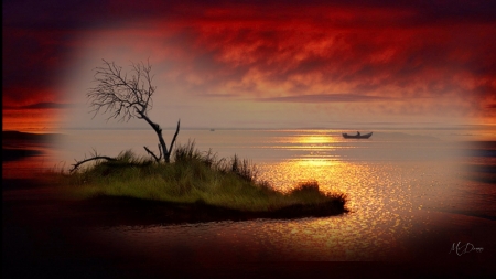 Boat at Sunset - sky, lake, collage, island, tree, sea, boat