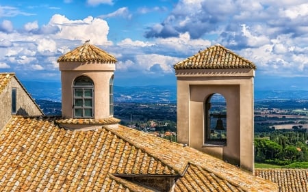 Bell Tower in Italy - roof, italy, landscape, clouds, bell, tower