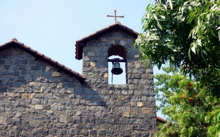 Church Bell Tower - church, tree, bell, tower, old