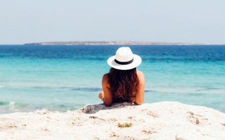 Beach - Water, Women, Hat, White, Sky, Beach