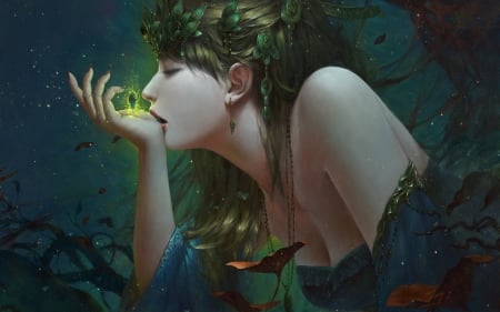 :-) - frumusete, fantasy, hand, green, girl, magical, art, luminos