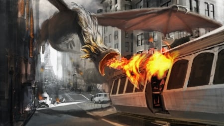 Dragon - train, eiffel tower, dragon, paris, attack, fire, fantasy