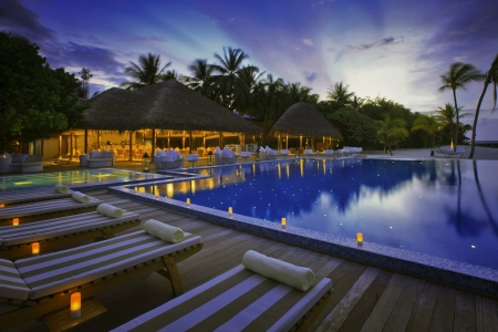 Life of relaxation - swimmimng pool, water, evening, night, resort, sky