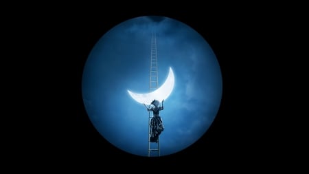 :-) - white, moon, silhouette, girl, luminos, blue, luna, fantasy