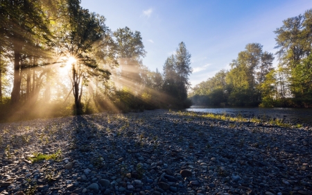 Sunbeams over River Stones - sky, rocks, rivers, sunbeams, landscapes, nature