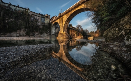 Impressive Bridge - trees, reflection, river, water, buildings