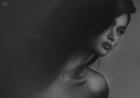 Beauty - rendering, girl, luminos, frumusete, bw, black, fantasy