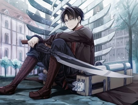 Attack on Titan - gunblade, levi, scouting legion, weapon, uniform, shingeki no kyojin, attack on titan