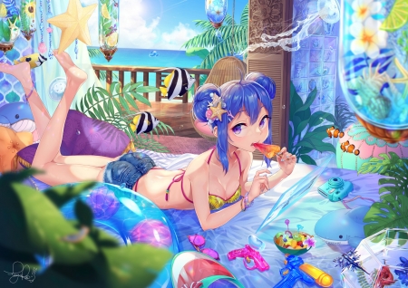 :-) - ice cream, vara, girl, water, summer, blue, luminos, fish, anime, para sitism, manga