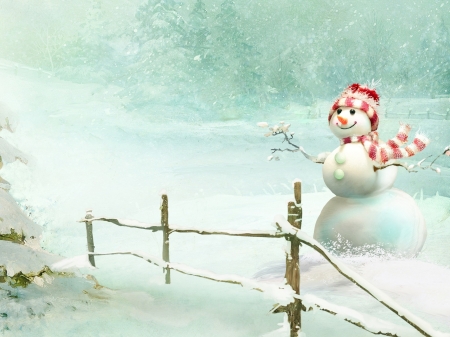 Snowman - snowman, craciun, winter, scarf, fantasy, wind, christmas, white, red, snow, blue, luminos