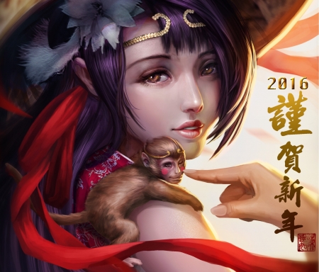 :-) - zodiac, girl, 2016, year, frumusete, fantasy, hand, luminos, monkey, chinese