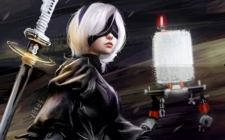 Nier: Automata - black, fantasy, white, girl, candle, nier automata