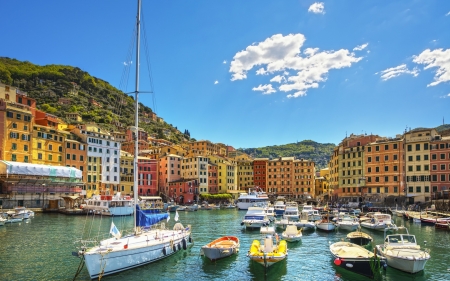 Camogli, Liguria, Italy - boats, marina, Italy, houses, sky