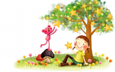 Girl and Pink Panther - mushrooms, vector, stars, girl, pink, tree, panther