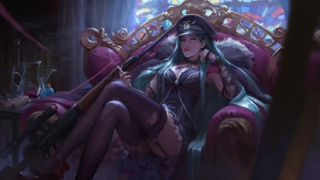 Fantasy girl - fantasy, pink, hat, throne, blue