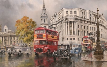 :-) - street, john lewis chapman, buildings, painting, art, car, red, vintage, pictura, city, bus, retro