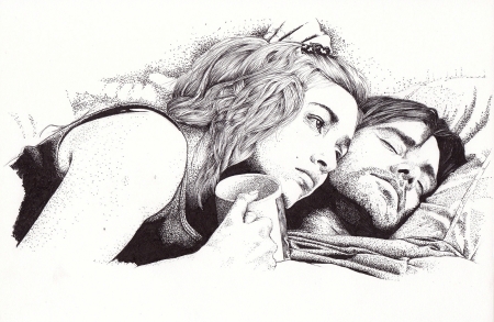 Eternal sunshine of the spotless mind 2004 - draw, actor, eternal sunshine of the spotless mind, girl, Jim Carey, man, actress, black, white, Kate Winslet, movie, couple, art