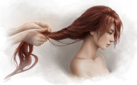 :-) - fantasy, jason peng, hand, luminos, hair, girl, redhead, art