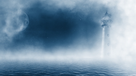 :-) - moon, lighthouse, vara, night, summer, mist, white, blue, fog, luna, sea