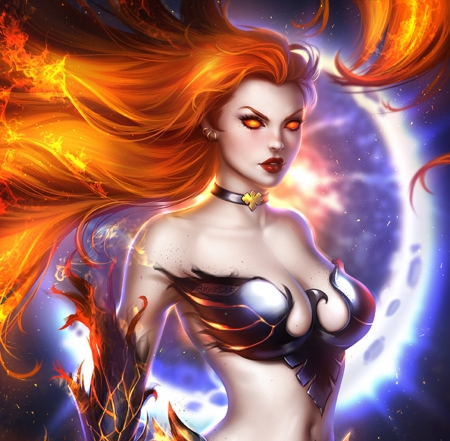 Phoenix - moon, redhead, girl, phoenix, fire, fantasy, luminos, blue, ayyasap, luna