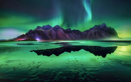 Northern lights - winter, night, beach, mountain