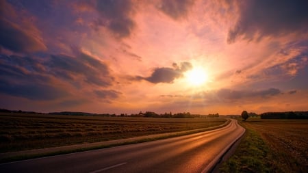 Beautiful sunset - nature, rural, pretty, sunsets, road, dusk, country