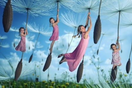 :-) - girl, seed, mother, funny, fantasy, creative, john wilhelm, situation, pink, dandelion, blue, sister