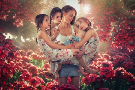 Mother's day - girl, john wilhelm, children, flower, copil, red, sister, rose, mother, day