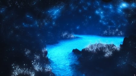 Glow Worm Cave - abstract, water, blue, rocks