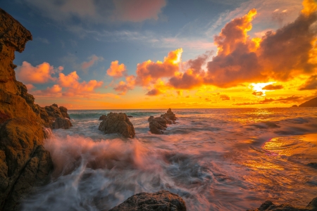 Sunset on Malibu Beach - nature, beach, sunset, clouds