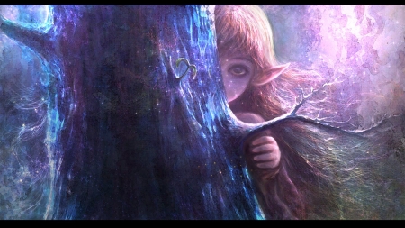 Hide and seek - elf, fantasy, blue, eye, forest, pink, tree, luminos