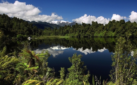 Forest Lake - sky, clouds, reflections, trees, mountain